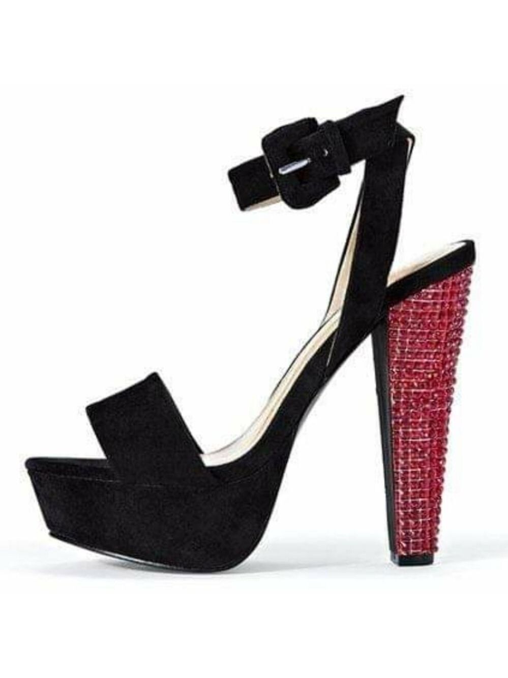 Colin Stewart Black Suede Red Jeweled Gem Studded Strappy Open Toe Heels